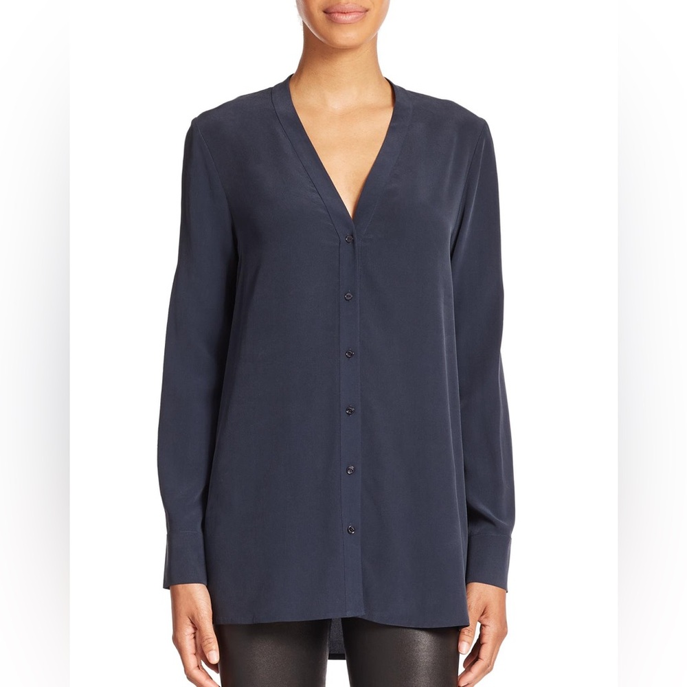 Vince Blouse Navy Blue Silk crepe button-front band collar Size S